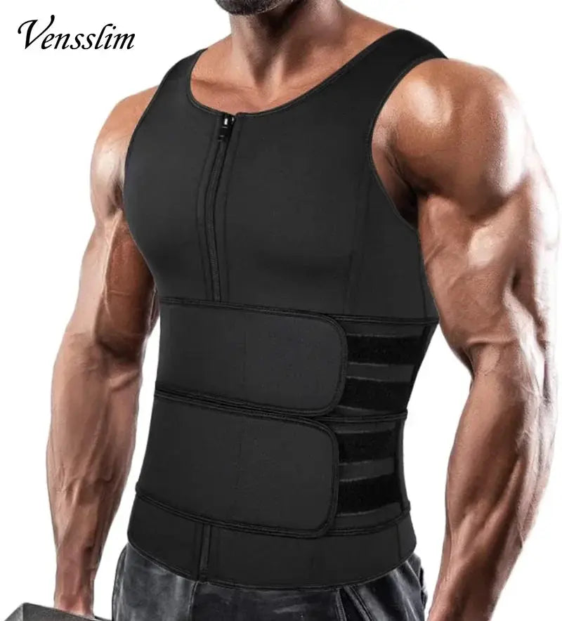 Vensslim men body shaper waist trainer vest in black with front zipper and double Velcro waist straps