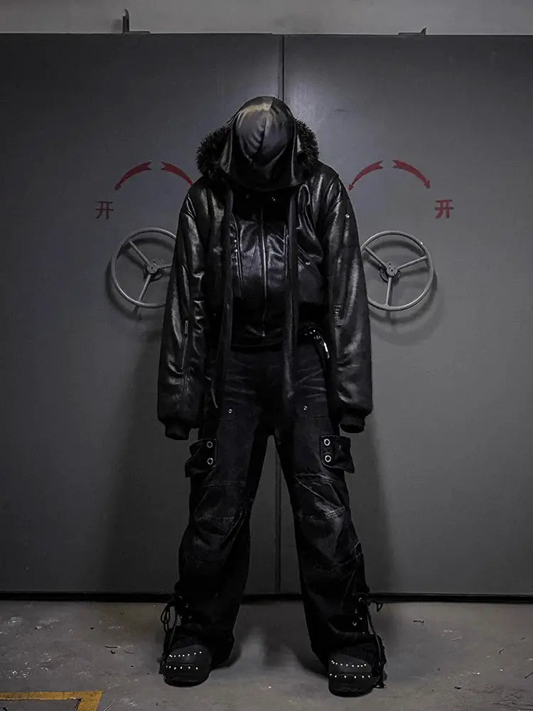 Mauroicardi men's black PU leather jacket with faux fur hood; oversized outerwear