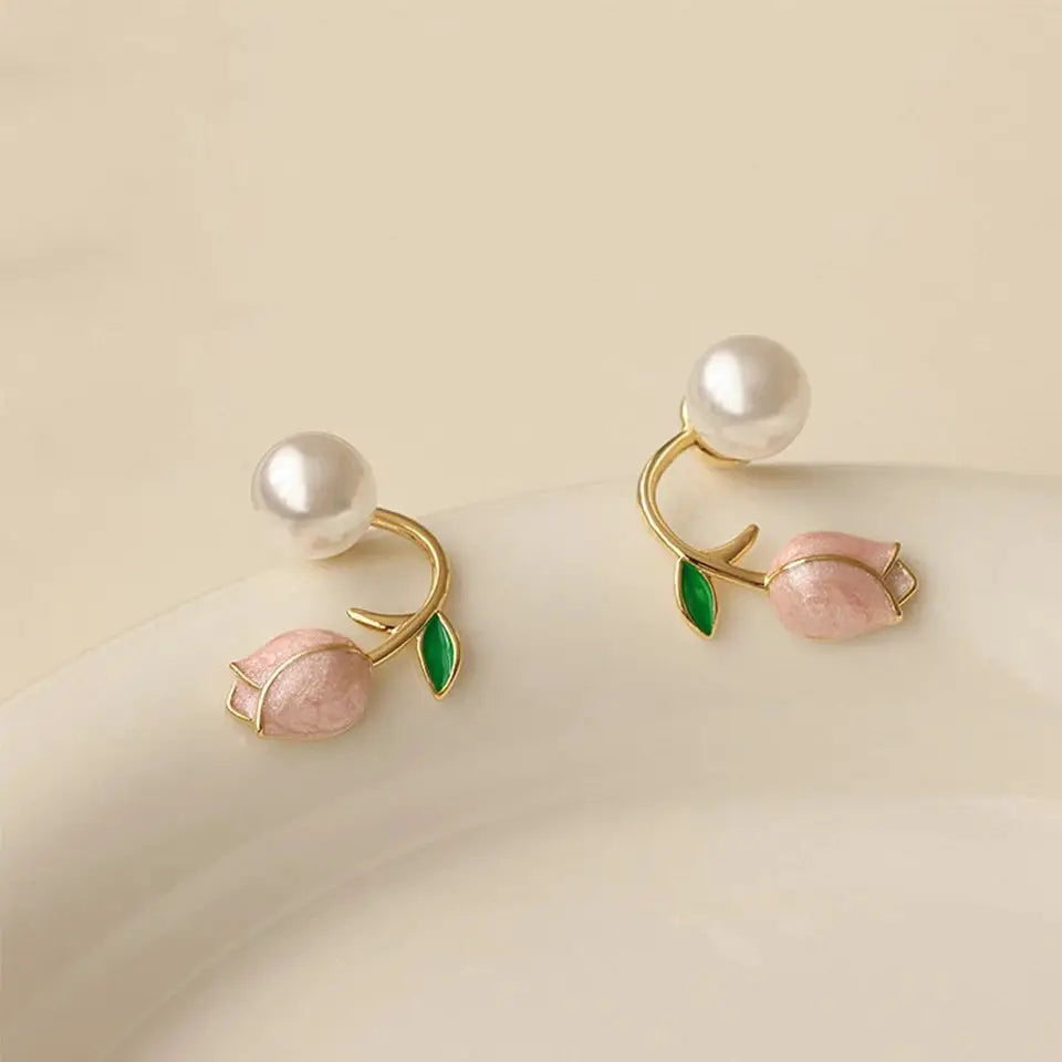 ZAKOL Fresh Rose Stud Earrings With Imitation Pearl Sweet Pink Tulip For Women Trendy Jewelry