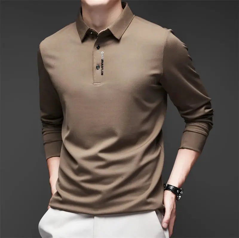 Men's long-sleeve polo shirt, solid tan, business casual top