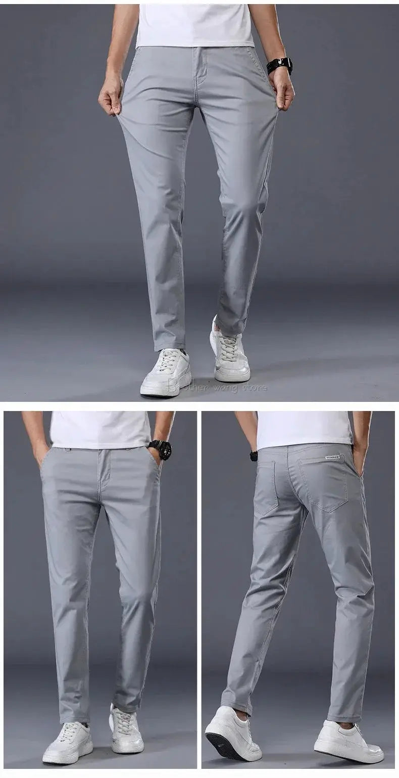 Summer thin men's casual pants by Simples Market, light gray cotton with elastic waist, straight slim-fit.
