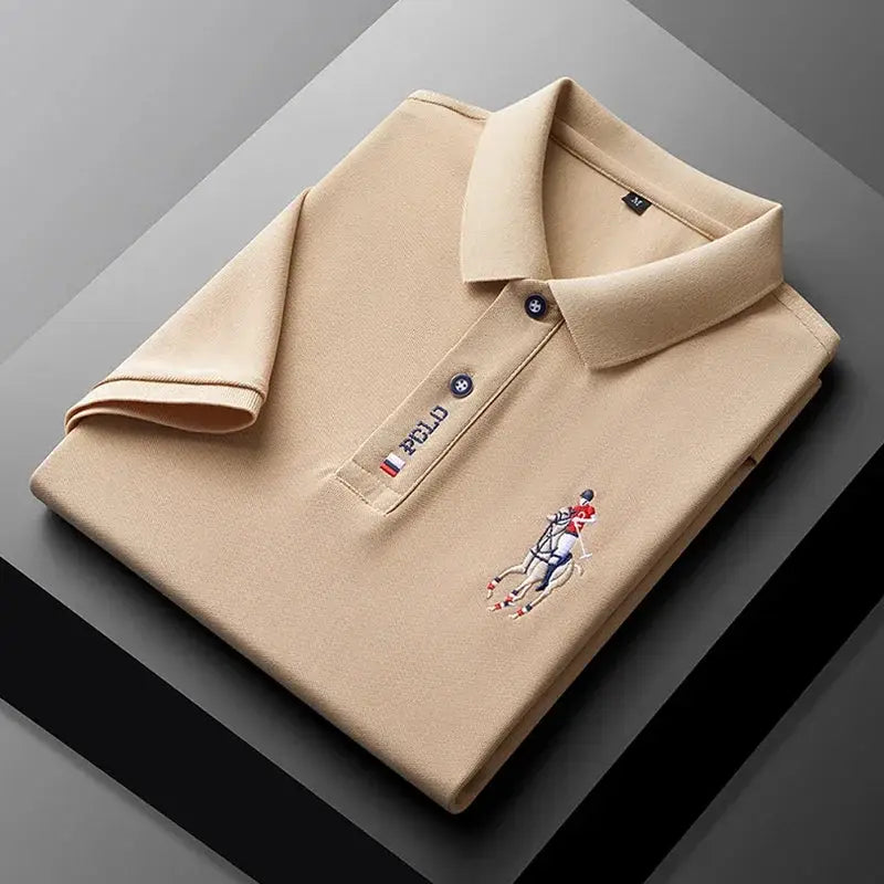 Men's beige polo shirt by Simples Market with short sleeves and embroidered polo player logo.