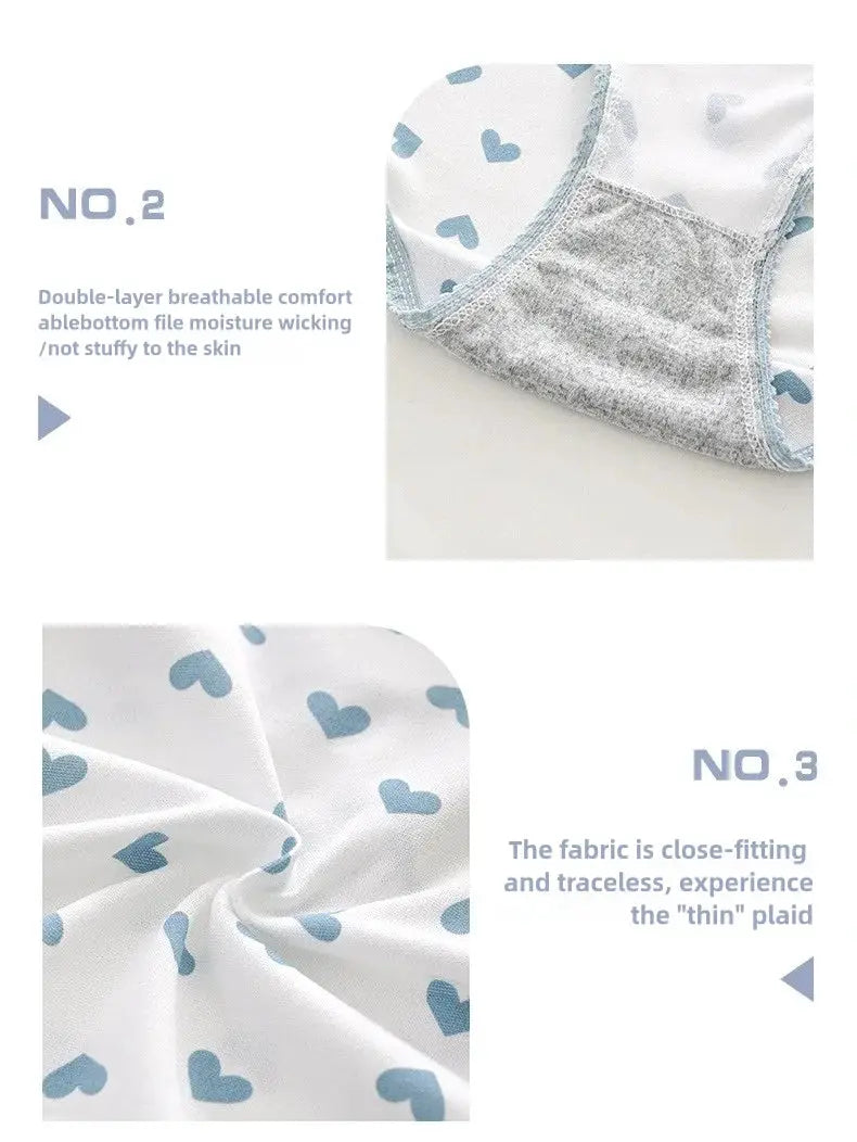 5pc women's cotton panties set with white fabric and blue heart print