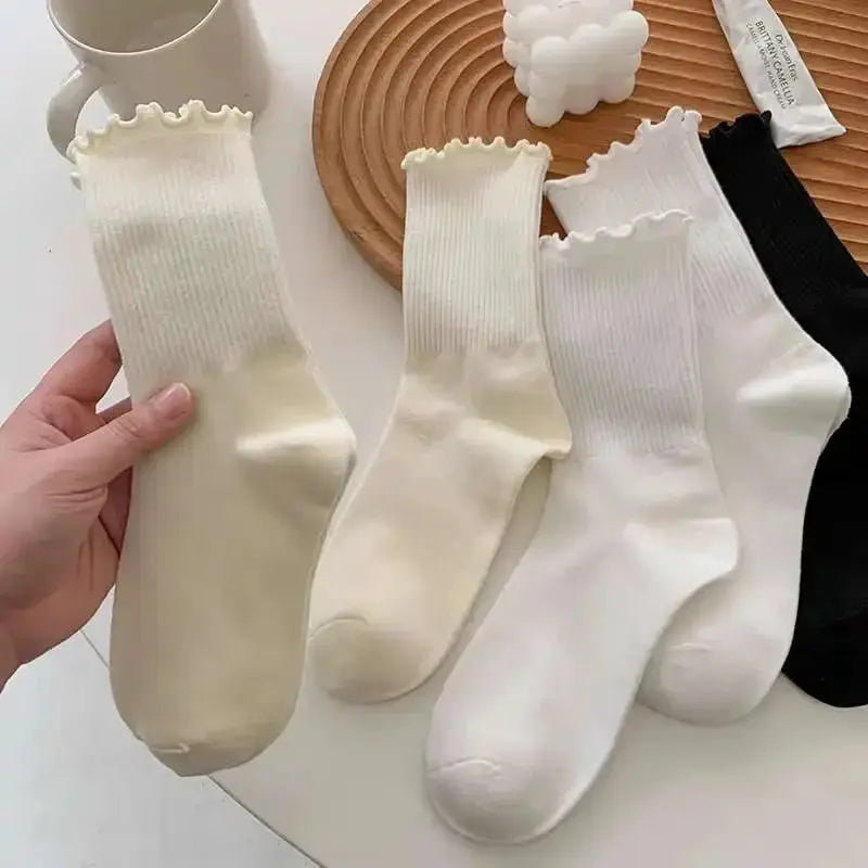 Cotton Ruffles Ankle Socks For Women Lolita Kawaii Korean Style Spring Black White 1 3 5 Pairs