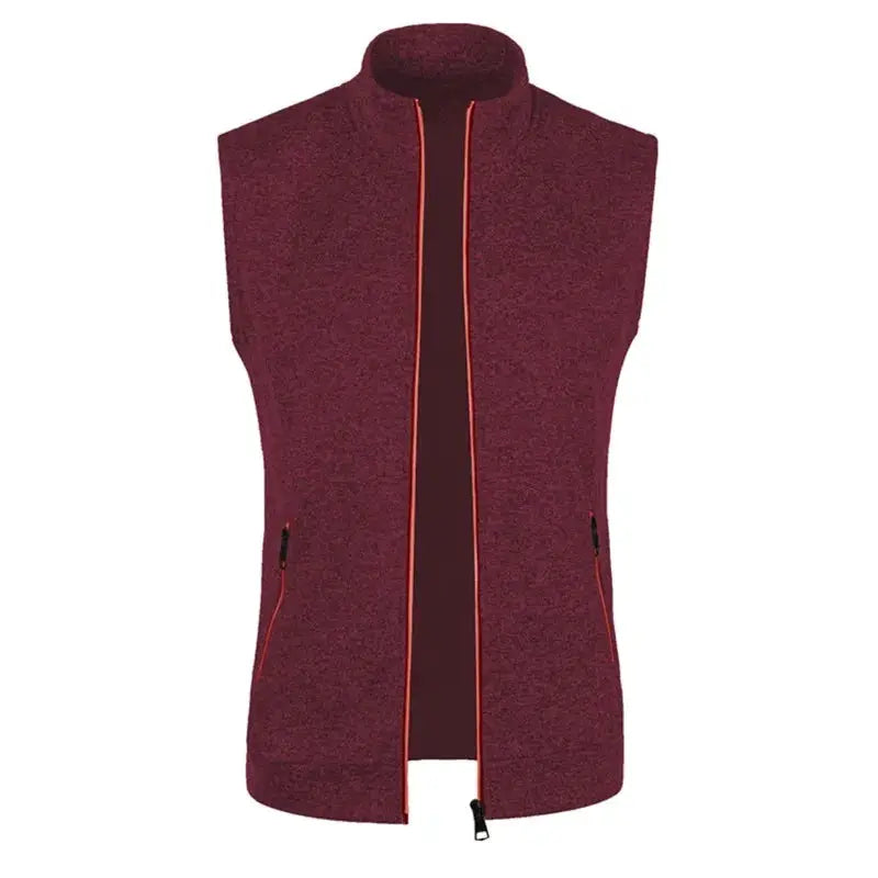 Men's sleeveless zip-up vest in burgundy with stand collar, orange piping, front zip pockets
