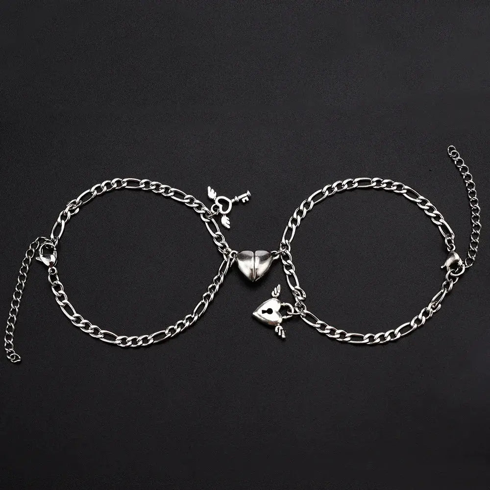 Two Piece Set Magnetic Couple Bracelets Heart Attraction Stainless Steel Cuban Chain Key Lock Jewelry Gifts