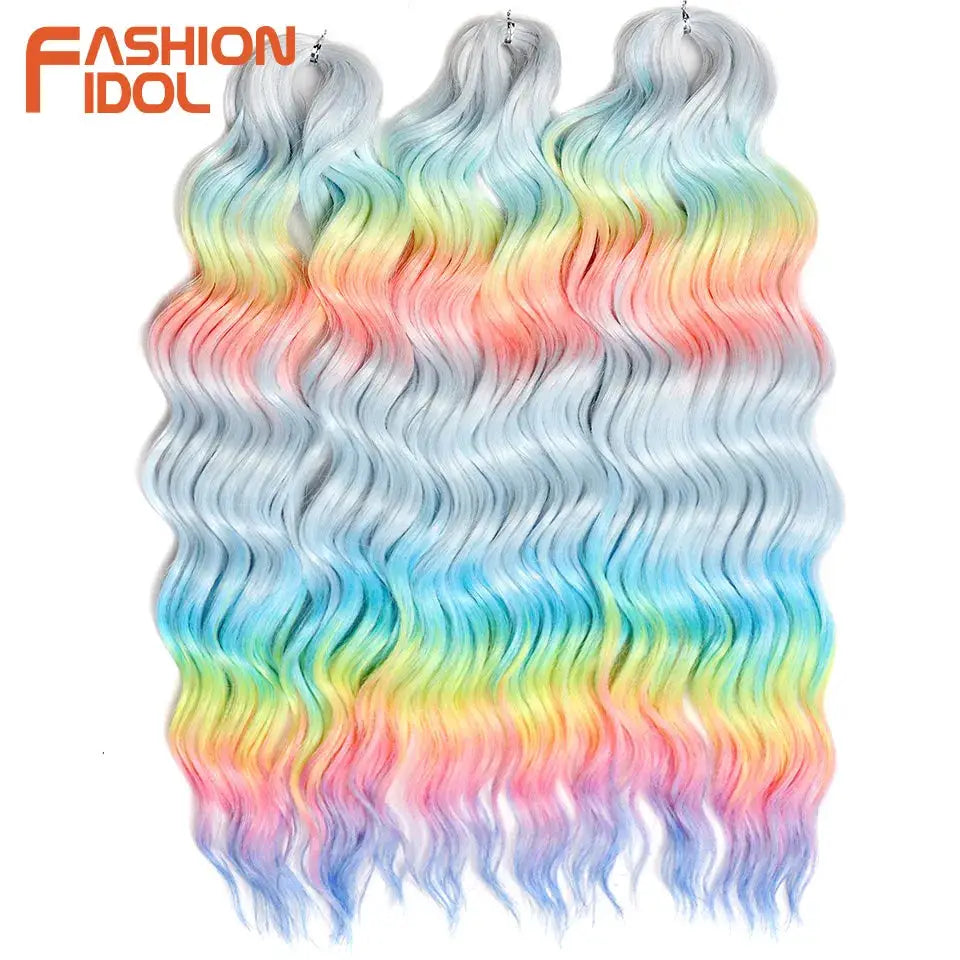 Anna 24in synthetic water-wave braiding hair extensions by Fashion Idol, 3 rainbow pastel ombre bundles