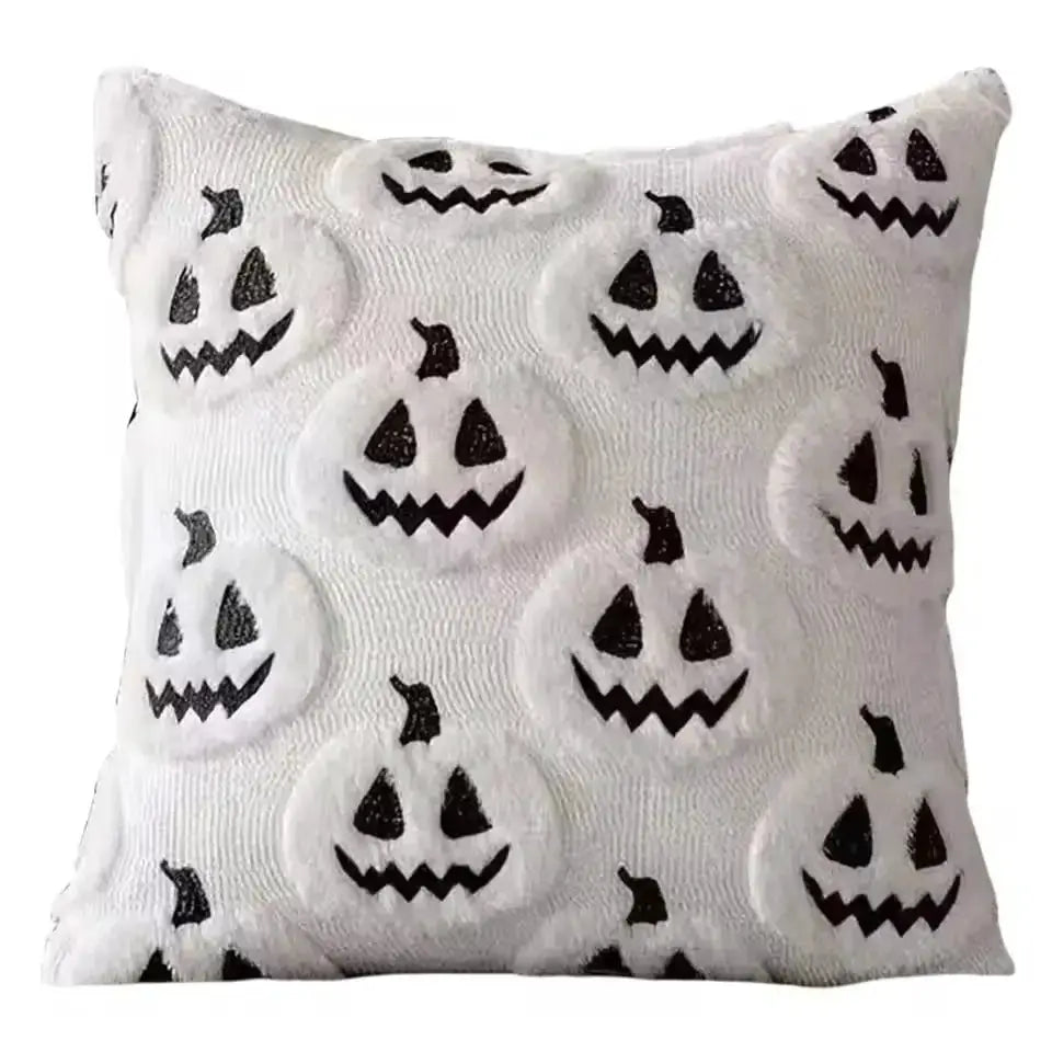Halloween pillow cover 45x45 by Simples Market, white plush faux-wool with black jack-o'-lantern pumpkins