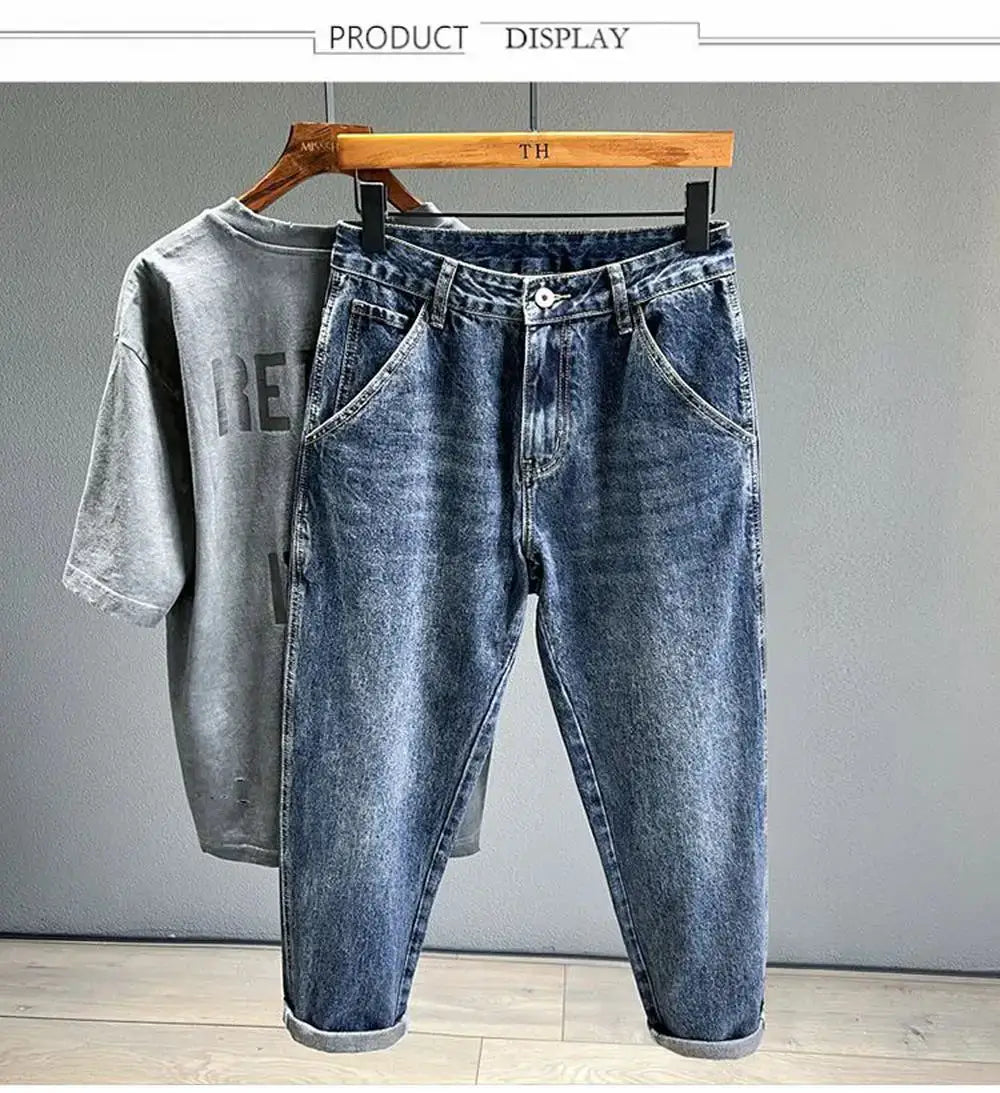 Korean vintage loose tapered men's jeans by Simples Market, blue denim streetwear trousers