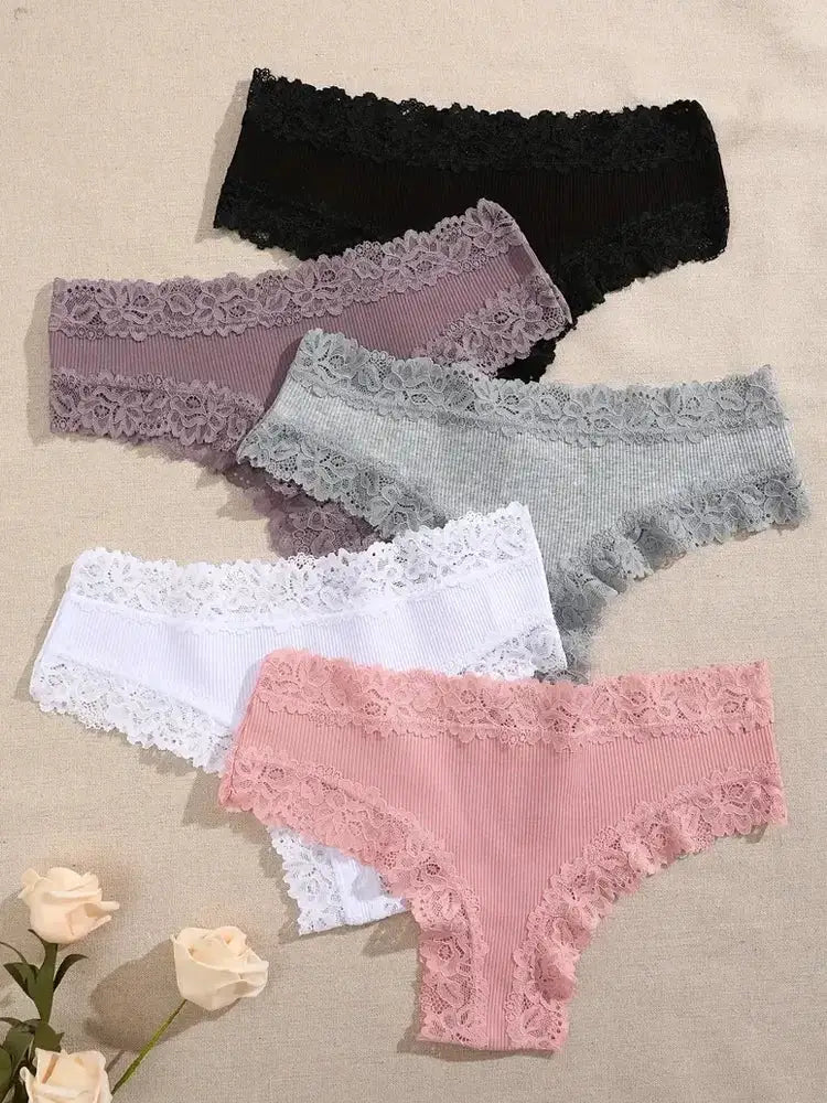 5-pack women's cotton panties with floral lace trim in black, lavender, light blue, white, and pink