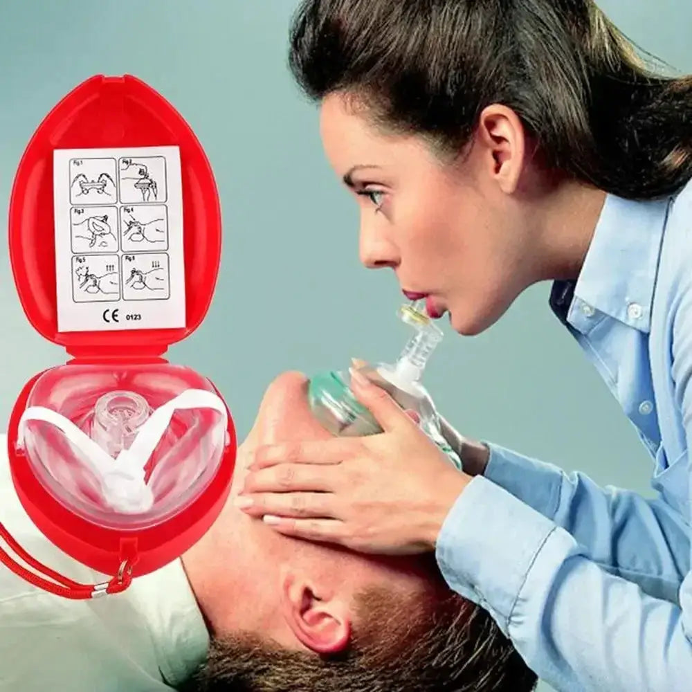 Red CPR mask emergency kit with one-way valve in a case; rescue breathing demonstrated.