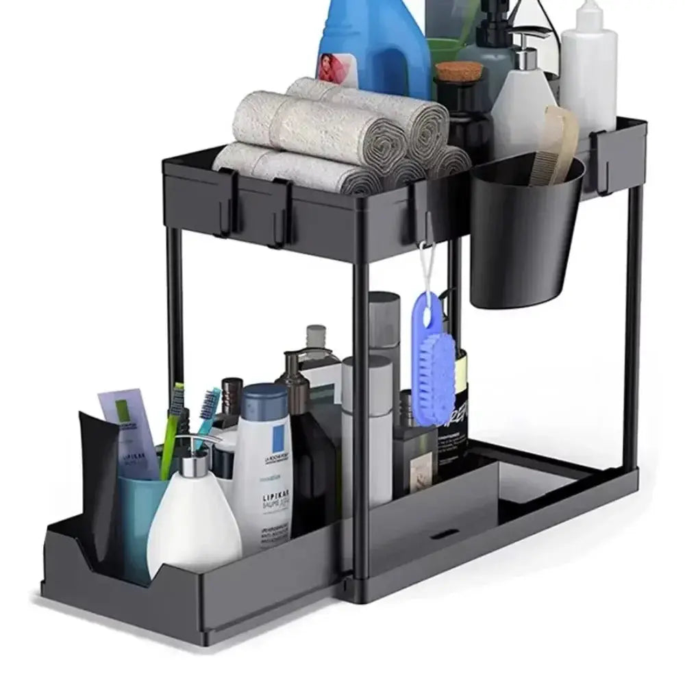 Simples Market Multifunctional 2-Tier Under-Sink Sliding Cabinet Organizer in black with hooks and hanging cup.