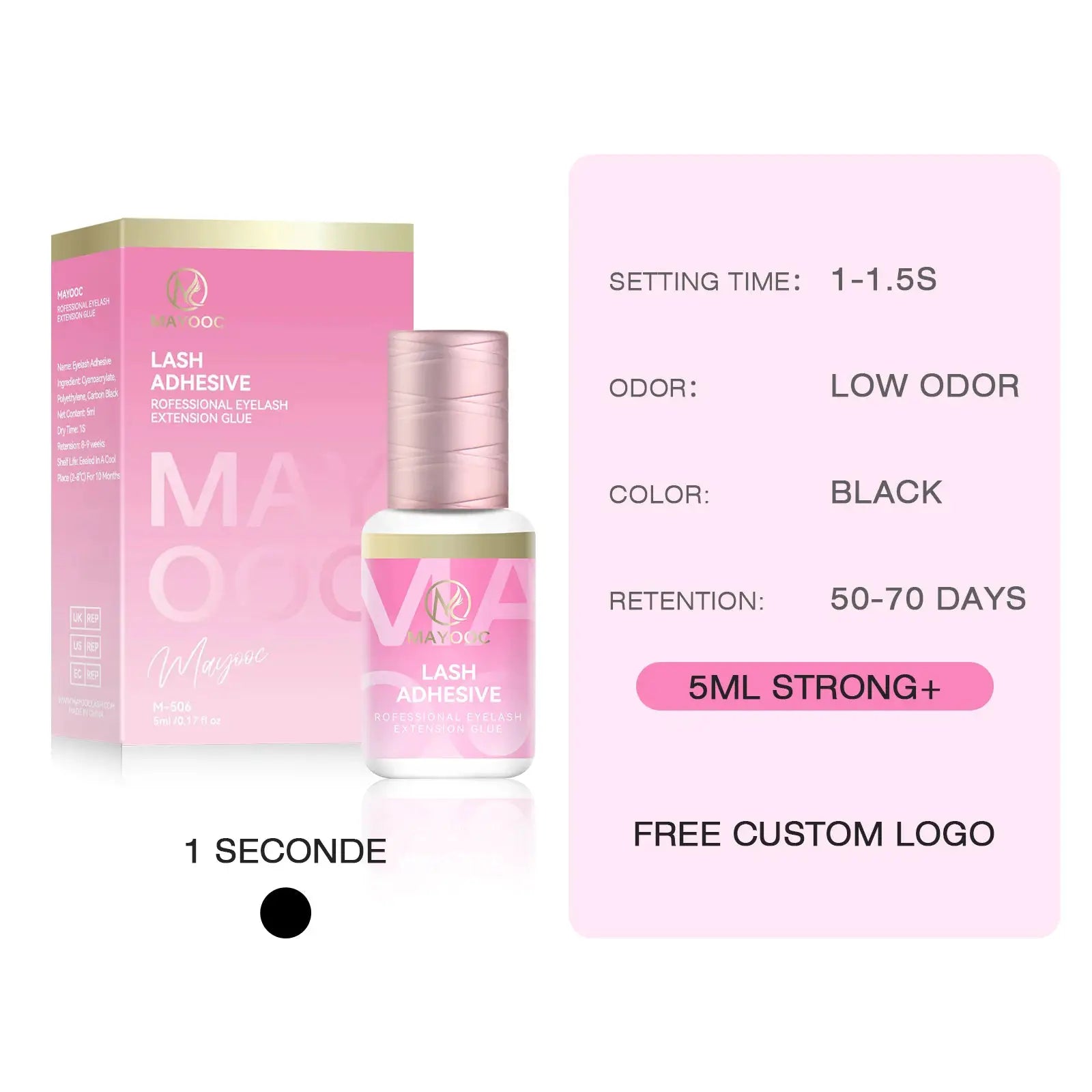 Mayooc 0.3 Sec Eyelash Extension Glue Fast Dry Lash Adhesive for Individual Lashes Sensitive Eyes Black Strong Bond