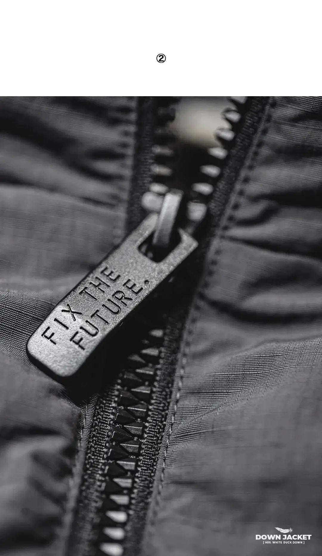Men's winter down jacket zipper close-up on black fabric with quilted padding