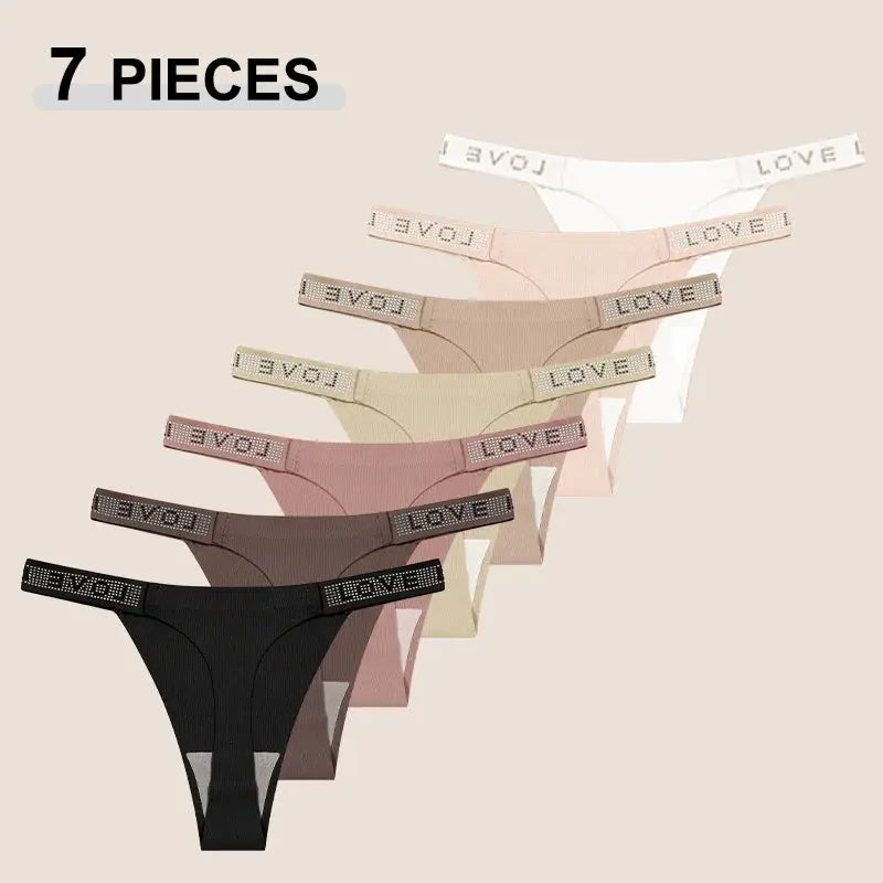 Simples Market 7-piece women's thong set with crystal-embellished waistband in assorted colors