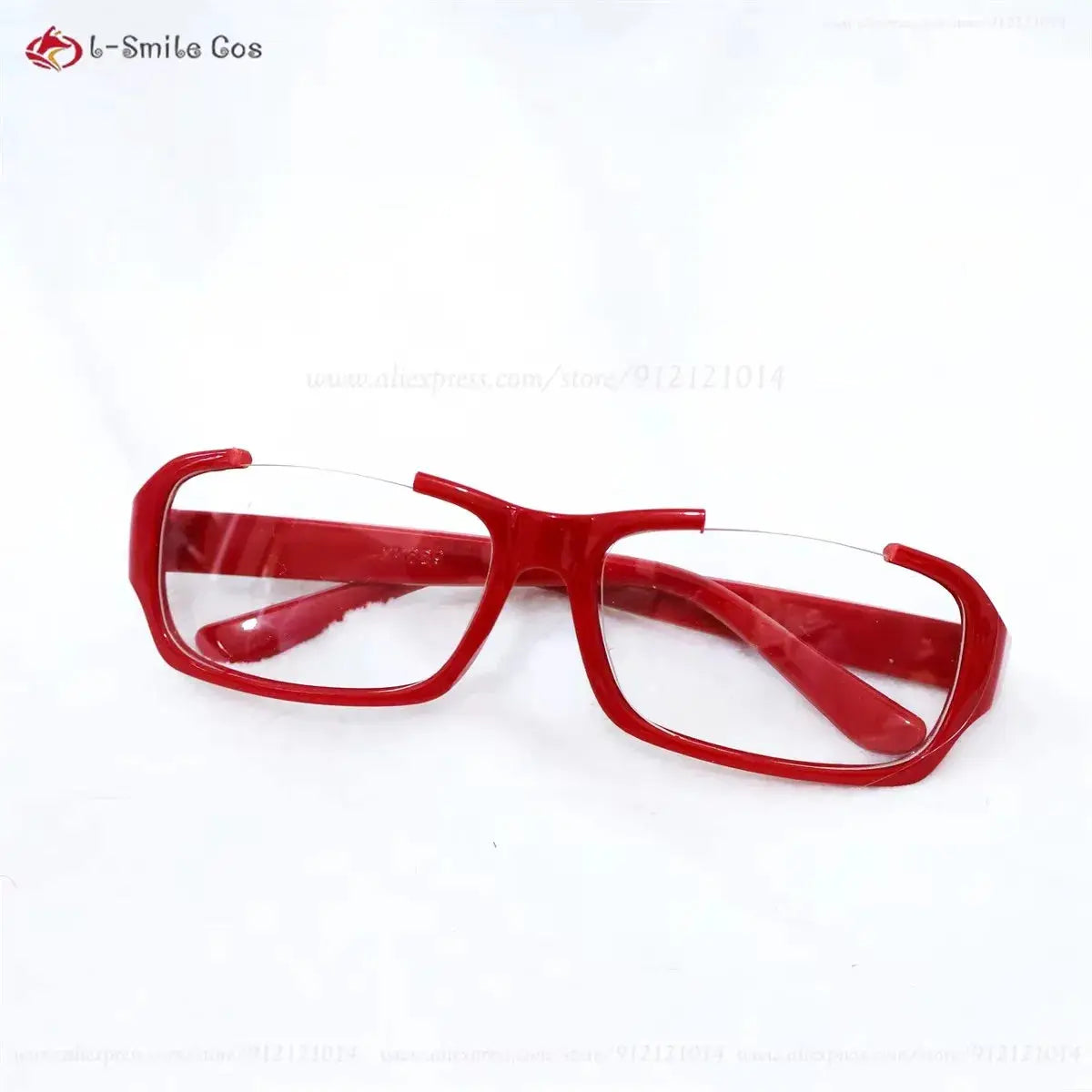 Red plastic cosplay glasses with rectangular frames and clear lenses by b-Smile Cos