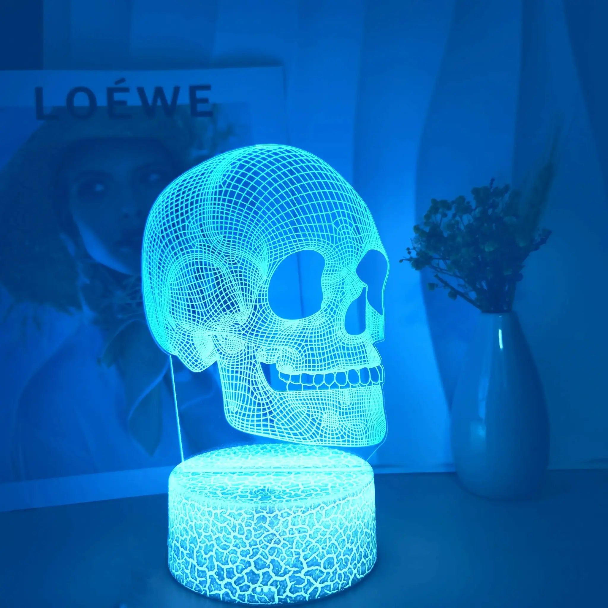 Skull USB night light, blue with lattice design on a patterned base; decorative Halloween lamp by Simples Market