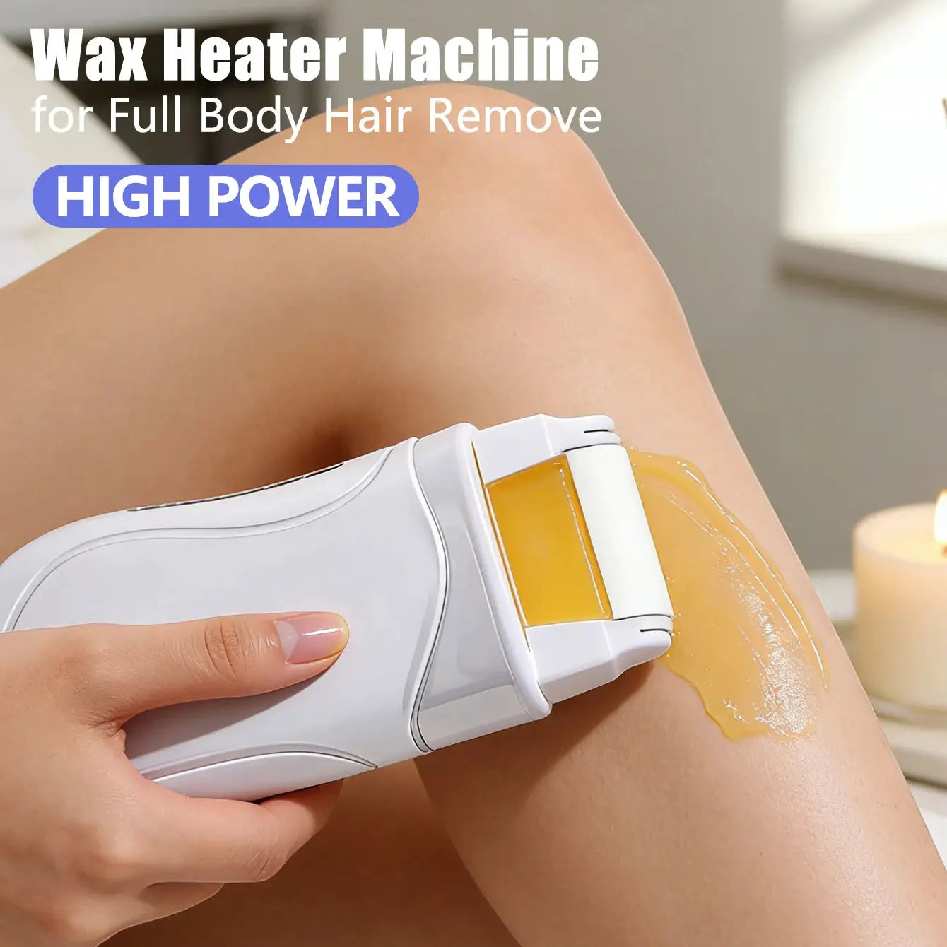 Wax heater machine by Simples Market applying yellow wax on leg for full-body hair removal