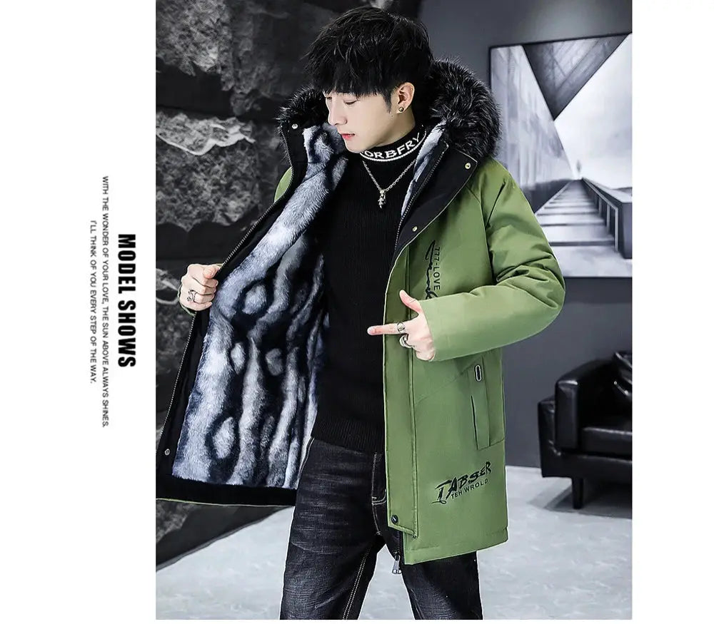 Men's olive green long down parka with fur-collared hood, 5XL padded coat by Simples Market