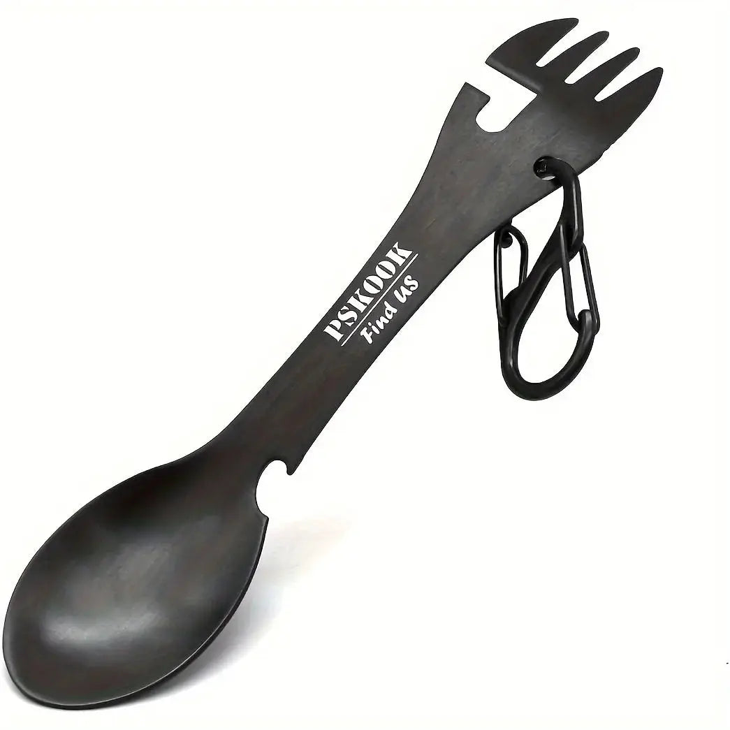 PSKOOK 5-in-1 camping spork tool in black metal with fork, spoon, bottle/can opener, and carabiner.
