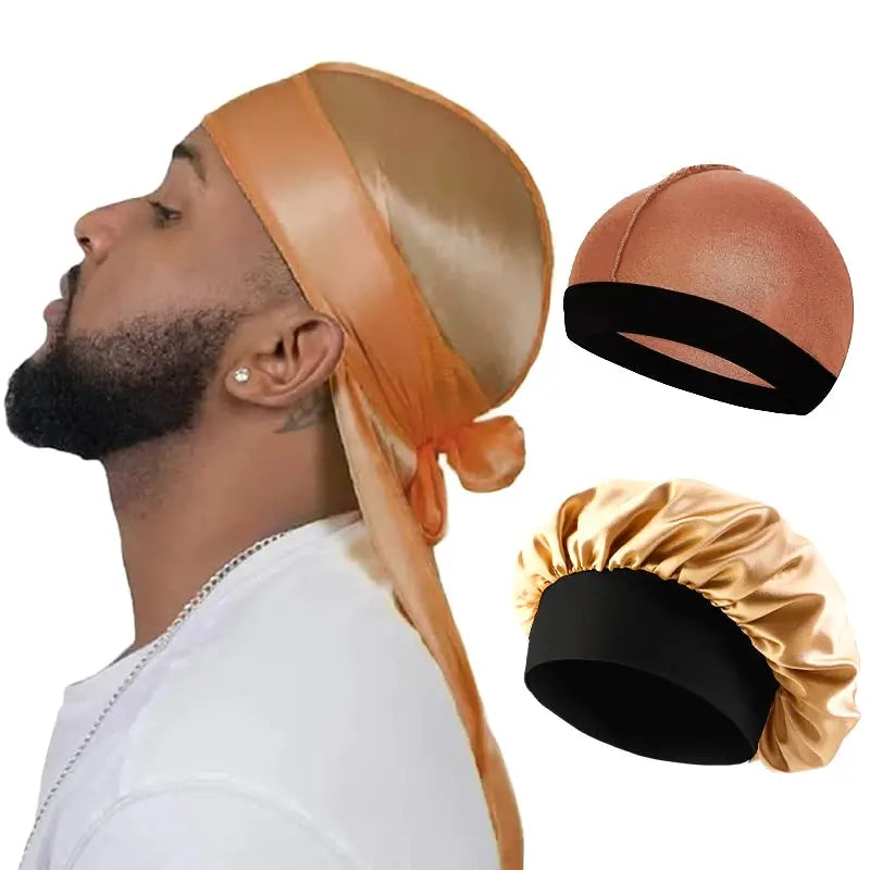 3 Pack Mens Silky Satin Durag Long Tail Pirate Hat Wave Cap Unisex Wig Cap Turban Bonnet Set