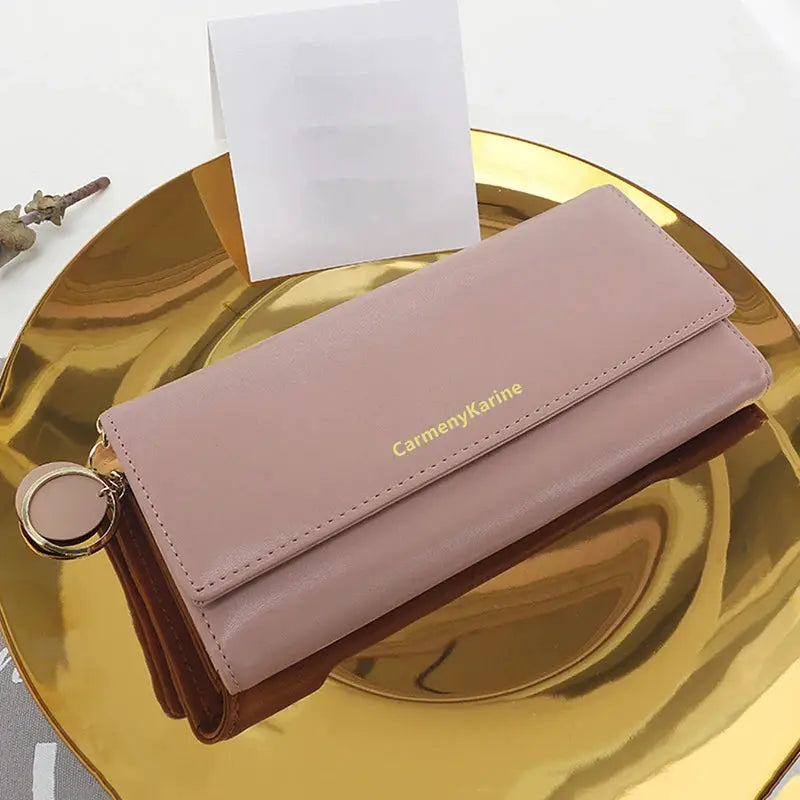 CarmenyKarine pink PU leather long wallet with card slots, gold logo, and key ring