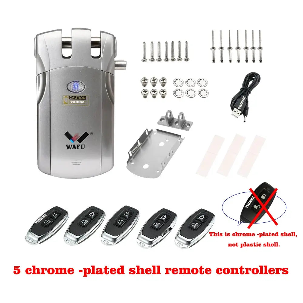 Wafu 019 remote control door lock set by Simples Market with 5 chrome-plated 433MHz remote controllers and mounting hardware