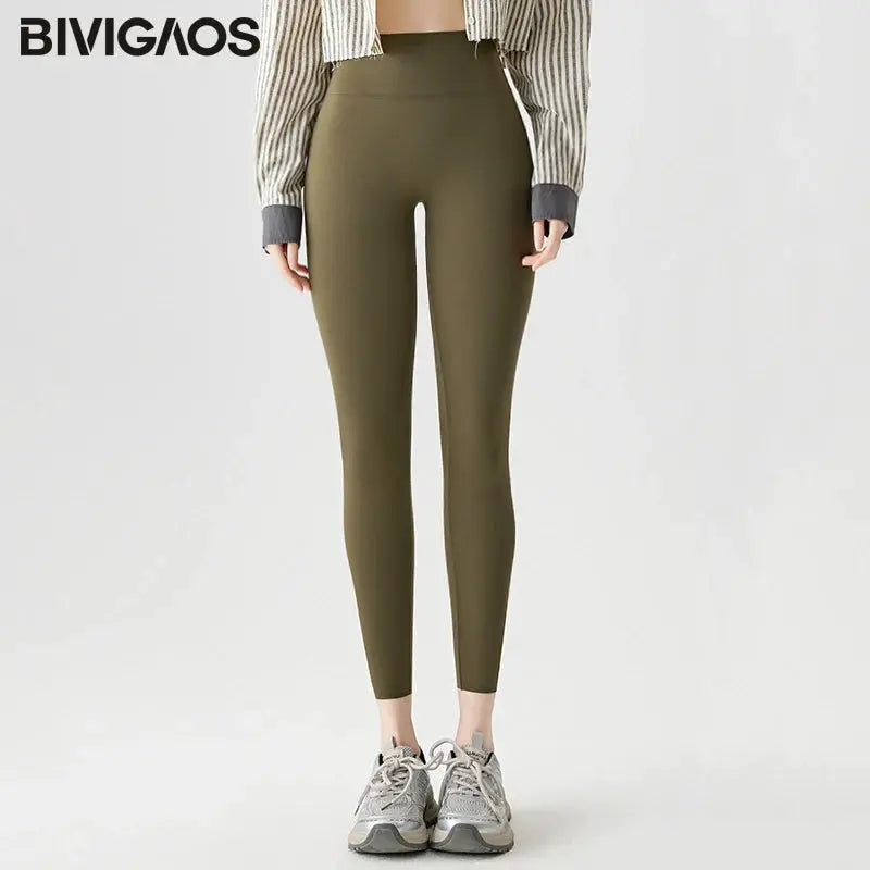BIVIGAOS women's olive sharkskin seamless leggings, tight athletic fit
