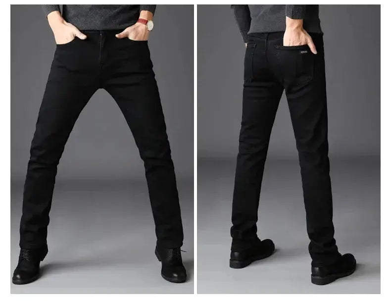 Men's black Simples Market denim jeans, soft stretch, biker style, front and back views