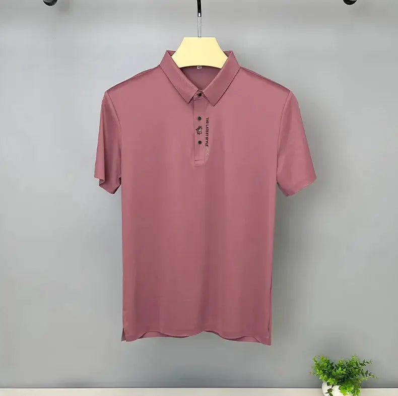 Men's pink ice-silk polo shirt with short sleeves, breathable and stylish on hanger