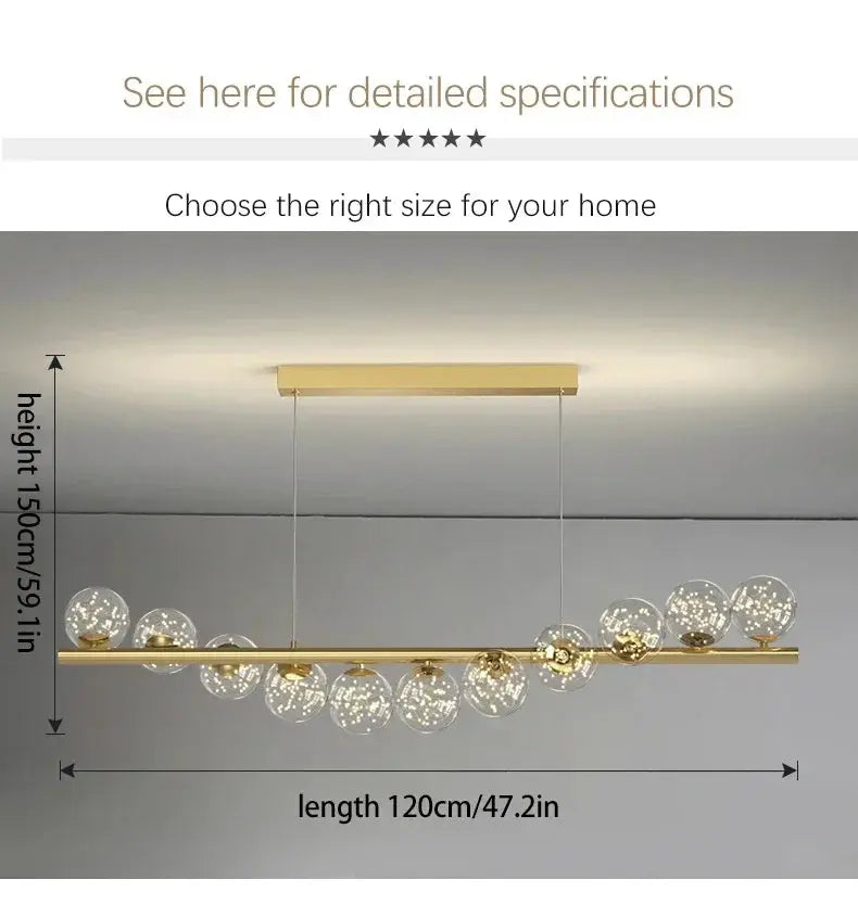 Nordic gold-finish ceiling chandelier with glass globe bulbs, 120cm long, by Simples Market