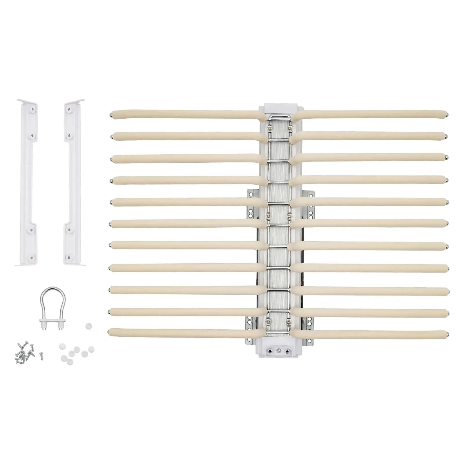 Space-saving pull-out wardrobe trouser rack with 22 beige hangers on extendable metal rails for 46 cm deep wardrobes.