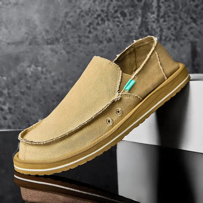 Men's canvas loafers by Simples Market, tan breathable slip-on casual shoes with frayed edges