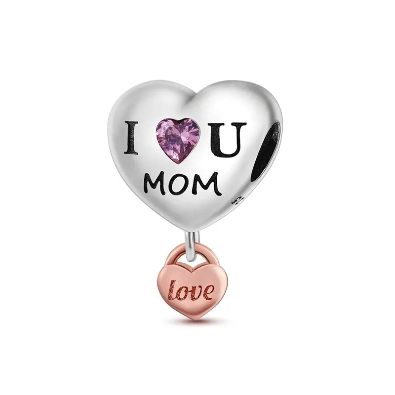 Mother's Day 925 Sterling Silver Heart Charms Beads Dangle For Bracelets Love Mom Jewelry Gift