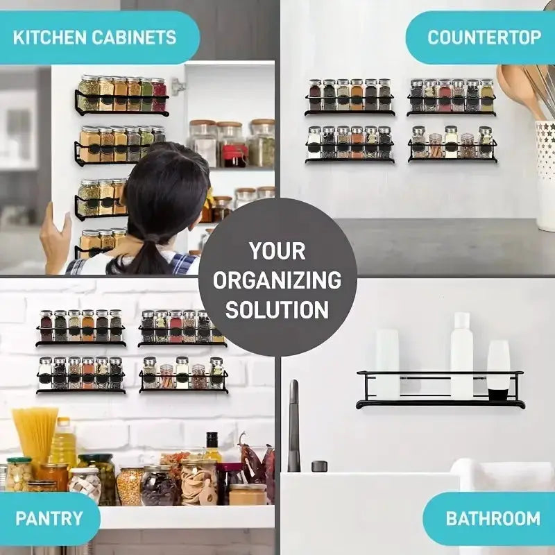 Simples Market iron wall-mounted shelf organizer; black multi-tier rack for kitchen, pantry and bathroom (4 displays)
