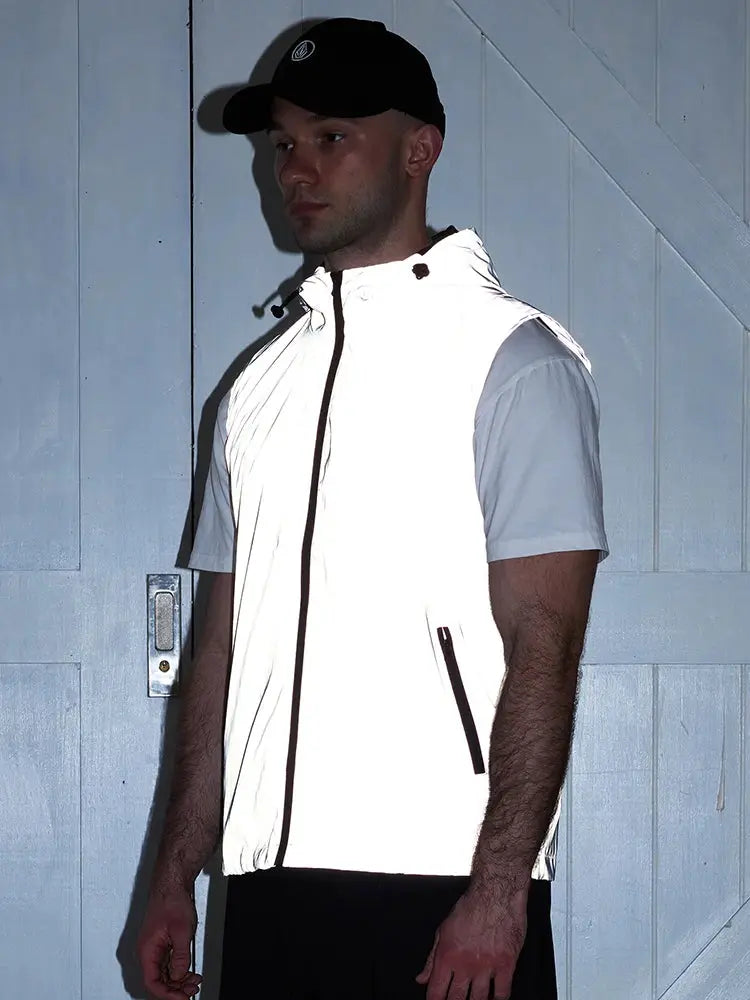 Night Reflective Vest for men, white sleeveless jacket with black zipper pockets