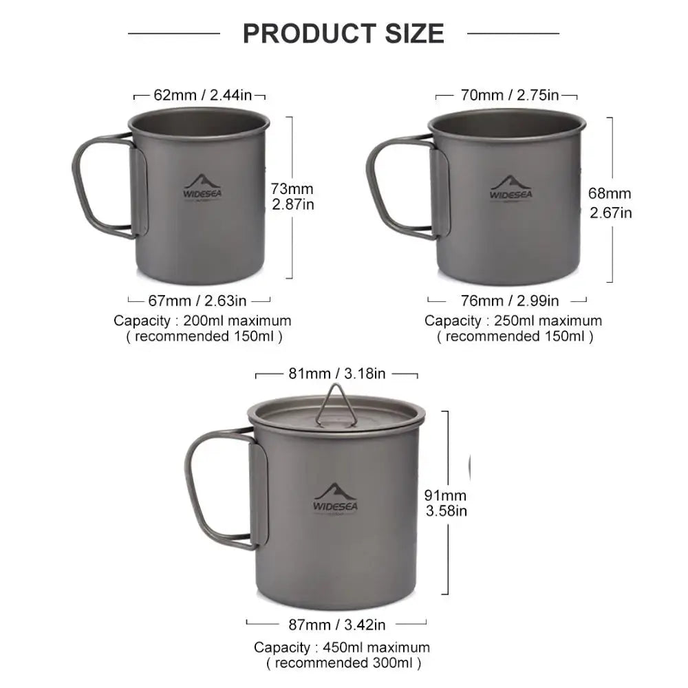Widesea titanium camping mug set; gray three-piece outdoor cups with handles and lid, 200–450 ml capacity.