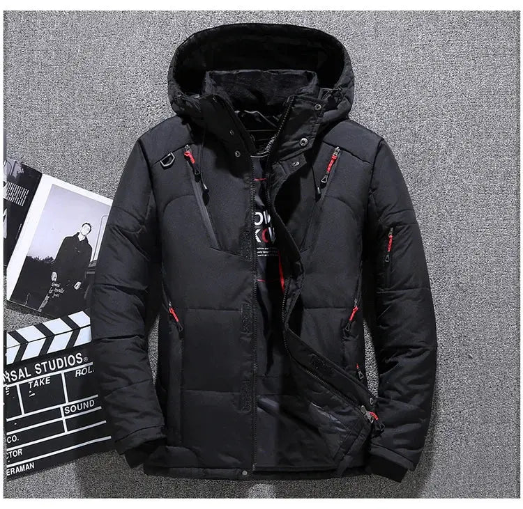 Men's black hooded down jacket, puffer coat with red zipper accents, windproof and warm