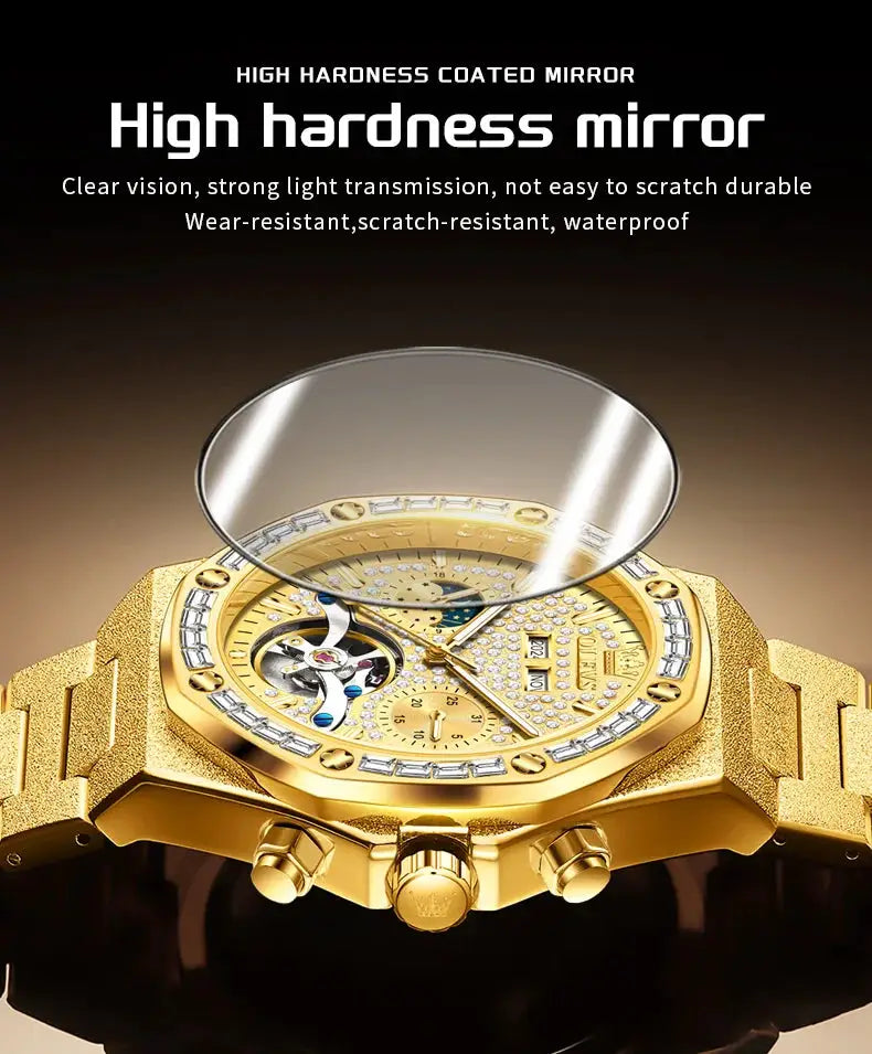 Gold-tone stainless steel men's luxury watch with tourbillon and diamond-studded dial.