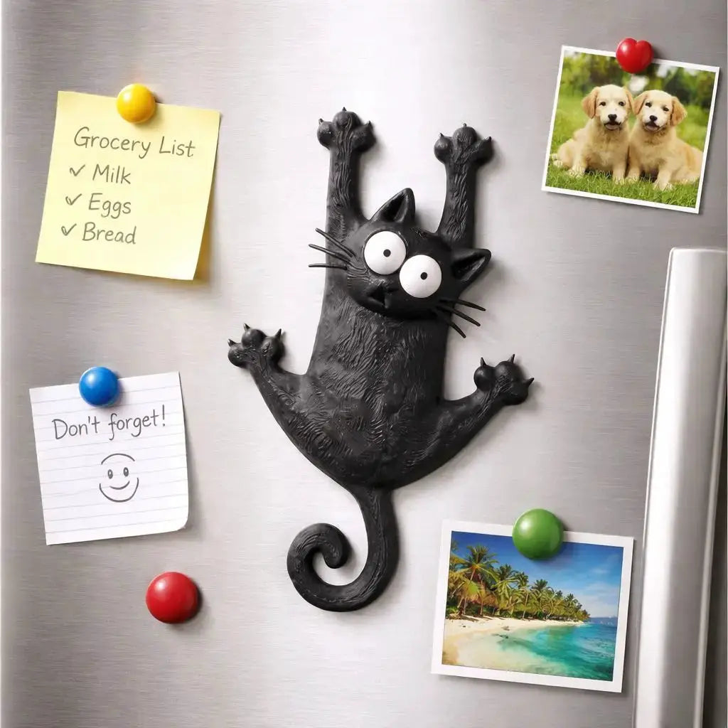 Magnetic cat refrigerator magnet by Simples Market; black cat on a stainless steel fridge with grocery list and photos