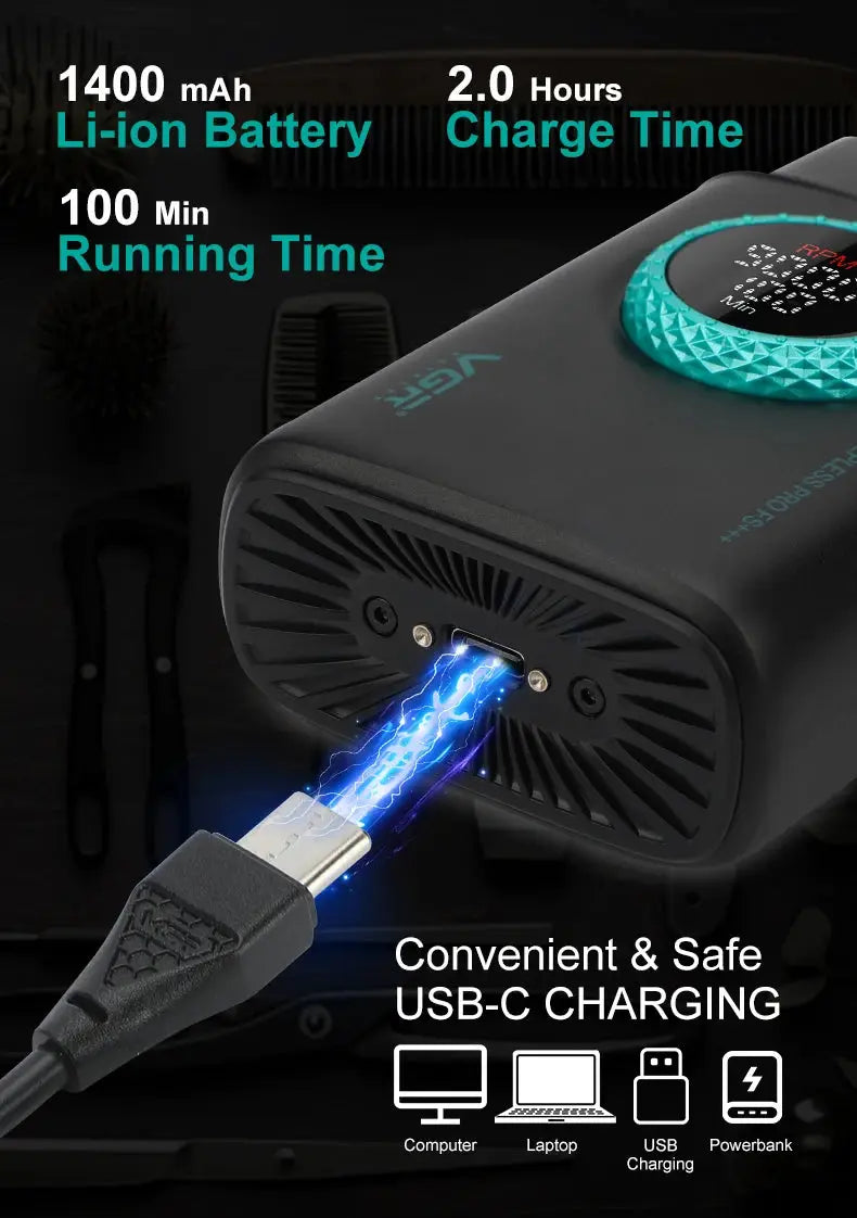 Simples Market VGR V-378 men's shaver with alloy body, LED display, 9000 speed, three blades, USB-C charging.
