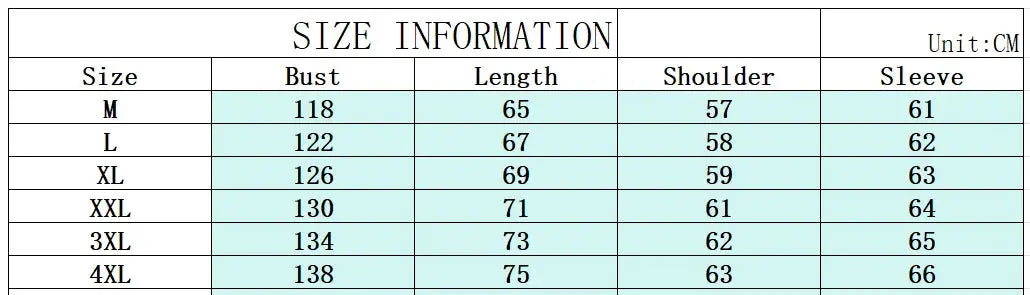 Simples Market men's color-block puffer jacket size chart with bust, length, shoulder and sleeve measurements