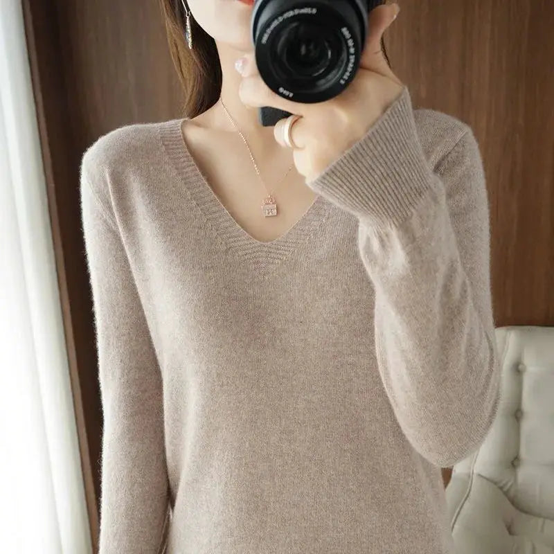 LunaThreads Womens Solid Wool Blend Pullover Slim Fit V Neck Knitwear For Spring And Autumn