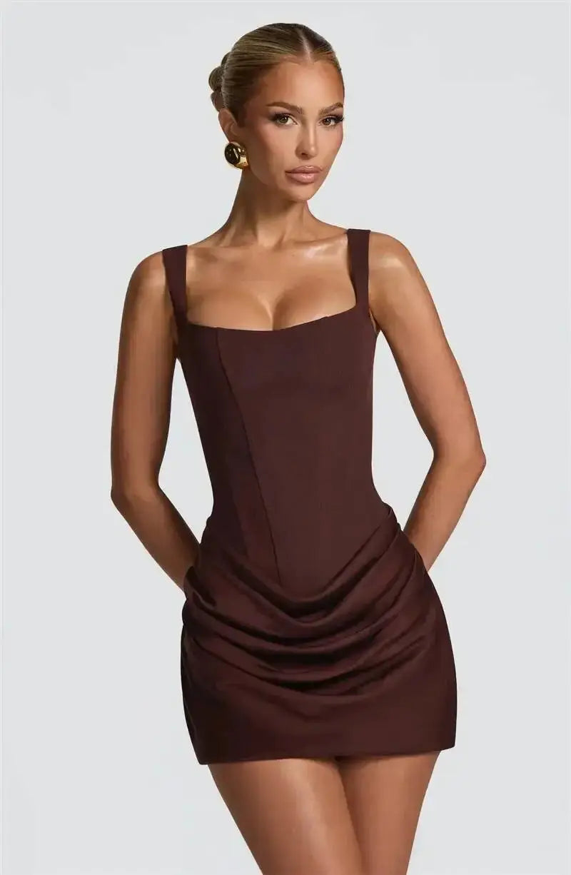 Mozision Backless Ruched Mini Dress With Tapered Straps Square Collar