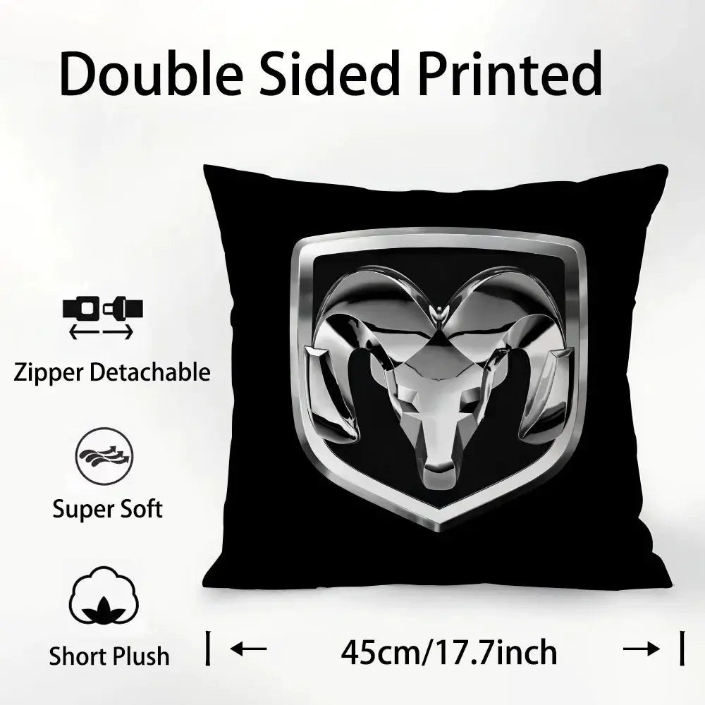 Simples Market D-Dodges car logo pillow cover, black plush fabric, double-sided Ram emblem print, 45cm.