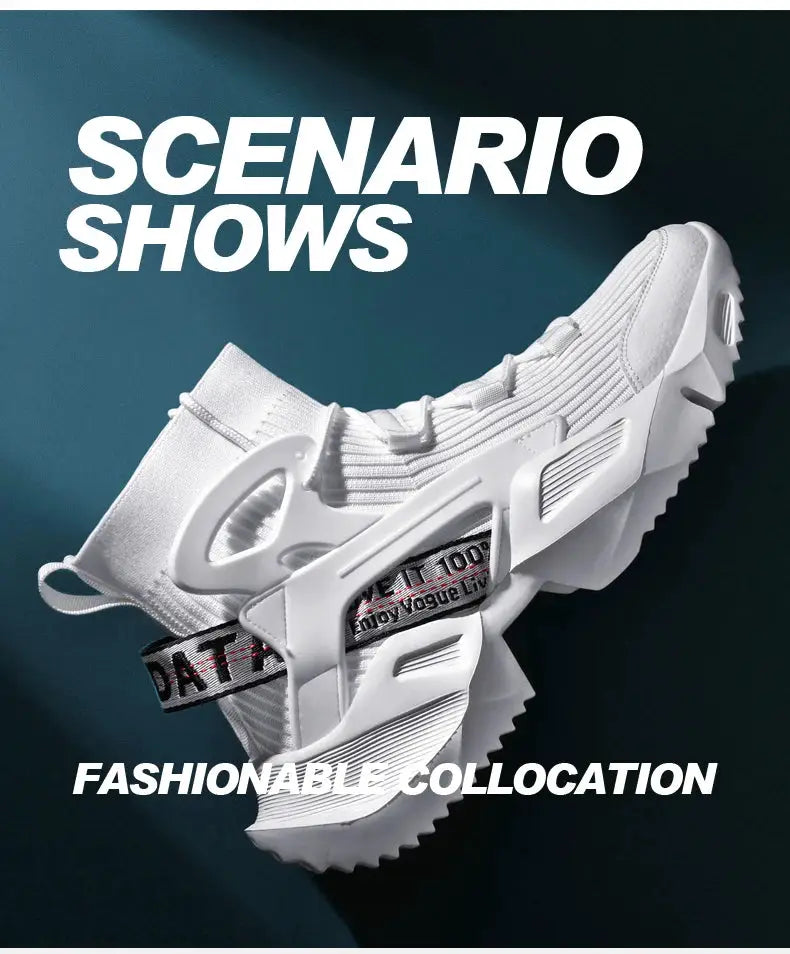Men's white breathable knit sneakers with sock-style upper and chunky sole