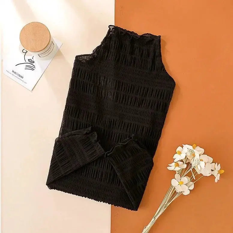 Black mesh sheer blouse with long sleeves, see-through crop top