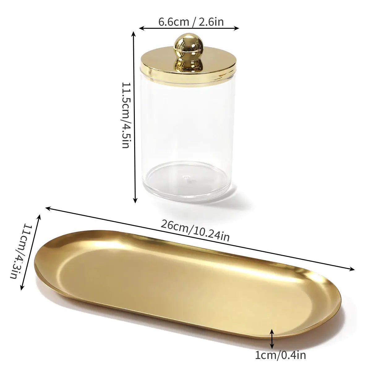 Lumina Home Qtip Holder Bathroom Set With Golden Tray And Acrylic Apothecary Jars Lid For Organized Countertop
