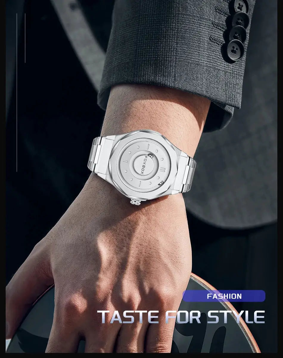 FOXBOX men's stainless steel wristwatch with metal bracelet and quartz movement