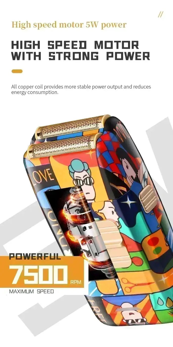 Kemei electric hair clipper with colorful graffiti pattern, gold blades and 7500 RPM label